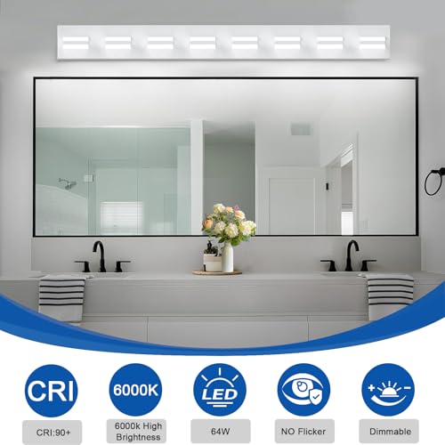 Image of IZORRO LED Modern Bathroom Lights Fixtures(8-Light,Dimmable,360Rotate),Matte White Acrylic Wall Lighting,Vanity Lights for Bathroom Over Mirror - 6000k 48In （No Assembly Required）