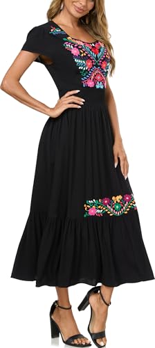 Image of Women's Summer Maxi Dress Casual Floral Embroidered Round Neck Short Sleeve Ruffle Tiered Dress Flowy Boho Beach Sundress
