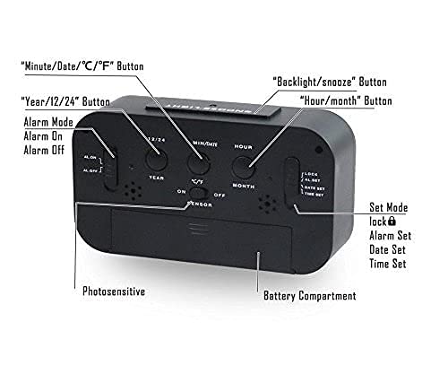 PERPART Digital Table Alarm Clock Calendar Snooze with Automatic Sensor Light Smart Battery Operated Date and Temperature Indoor Multifunctional Bedside Alarm Clock Home and Office ^ Black 2