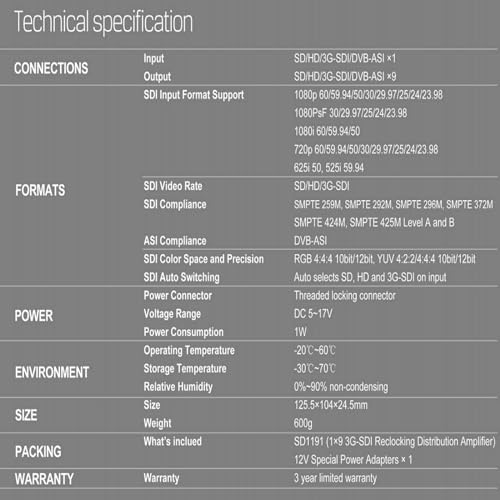 Image of AVMATRIX SDI Splitter 1x9 Distribution Amplifier 3G / HD /SD Supported DVB-ASI Formats, Re-clocking, Equalization, Signal Retiming 1080p @60hz (SD1191)