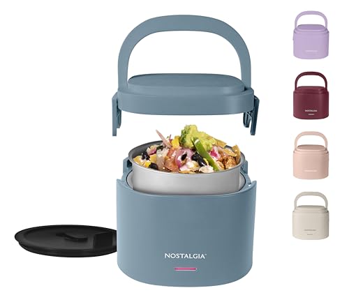 Nostalgia Portable Heated Lunch Box – 2.5-Cup Stainless Steel Food Warmer – Detachable Cord, Leak-Proof Lid, Carry Handle – Portable for Work & Travel – Ocean Blue