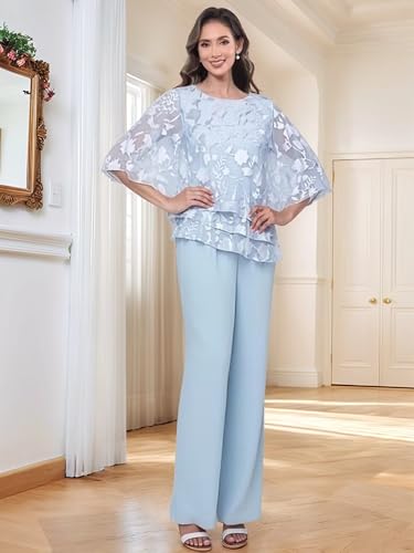 2 Piece Mother of The Bride Pant Suits for Wedding Floral Chiffon Formal Pant Suit for Women Dressy Wedding Guest Outfits3