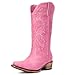 Choiran Pink Cowboy Boots for Women - Embroidered Cowgirl Boots Western Mid Calf Fashion Chunky Heel Pointed Toe Country Boot 7