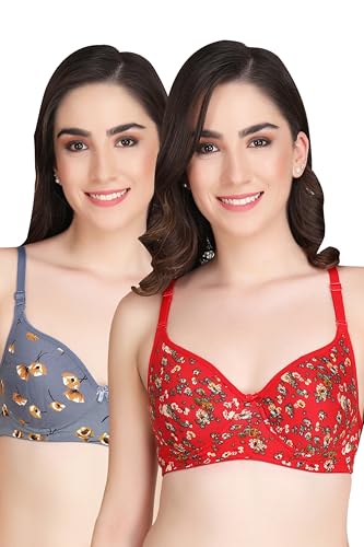 Image of Flower Print Bra for Women - Made of Pure Cotton Full Coverage Non Wired Pushup Soft Cup for T-Shirt Saree Dress Sports Garment for Daily Use Everyday