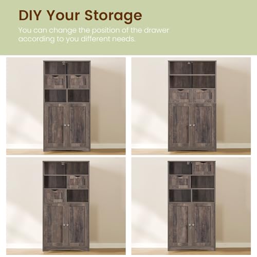 Image of Iwell Tall Storage Cabinet with 2 Drawers & Adjustable Shelf, Bathroom Cabinet with Doors, Kitchen Pantry Storage Cabinets, Cupboard for Living Room, Dining Room, Entryway, Rustic Gray