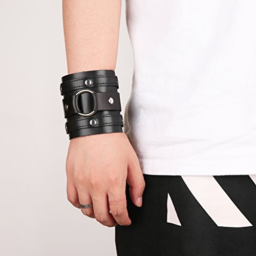 HZMAN Wide Cuff Wrap Gothic Wristband Punk Rock Biker Wide Strap Leather Bracelet2