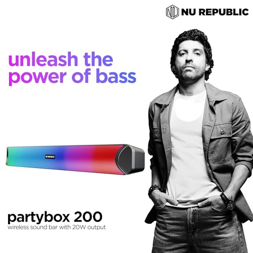Image of Nu Republic Party Box 200 Bluetooth Soundbar with X-Bass Technology, 52mm Dual Dynamic Drivers, 20W Output, Upto 16 Hrs Playtime, Multiple RGB LED Lights, USB Port, Bluetooth 5.3v (Black, 2.0 Channel)