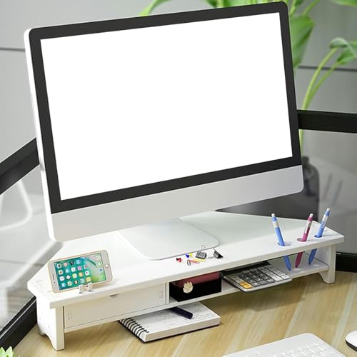Generisch Soporte para monitor de ordenador, 2 niveles, soporte para monitor de esquina, color blanco, estante de almacenamiento de oficina con cajón y soporte para bolígrafos, soporte triangular para