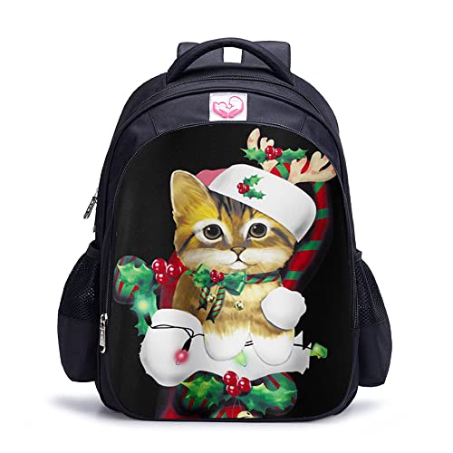 Sac à dos imprimé en 3D Chat de Noël grand cartable enfant 16" pour fille et garçon