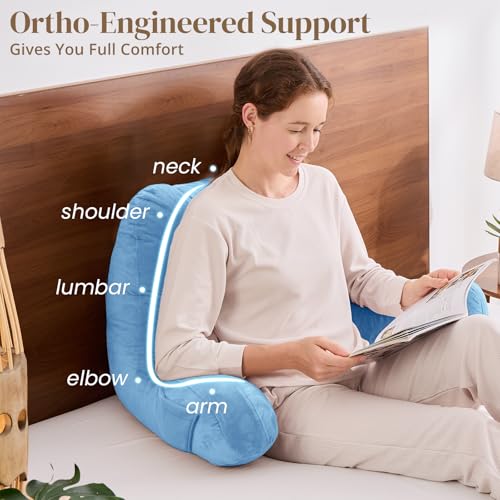 Image of Sasttie Reading Pillow for Bed, Back Pillow for Sitting Up, Blue | 21 inch Backrest Support Cushion for Couch, Sofa, and Floor, Dorm Essentials, OEKO-TEX, Adjustable Down Alternative Fill