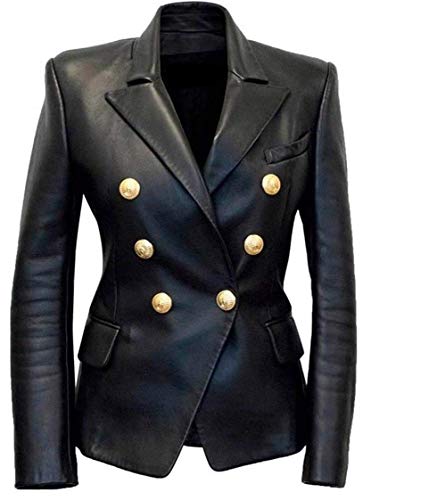 Womens Kim Kardashian Black Double Breasted Slim Fit Real Leather Jacket Blazer (L)