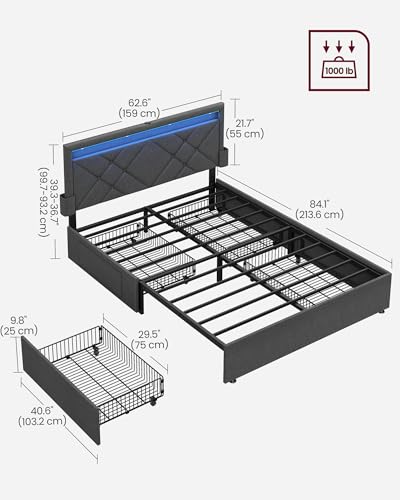 Image of VASAGLE LED Bed Frame Queen Size, Queen Bed with Headboard and 4 Drawers, 1 USB Port and 1 Type C Port, Adjustable Upholstered Headboard 36.7 /39.3 Inches, No Box Spring Needed, Dark Gray URMB821G71
