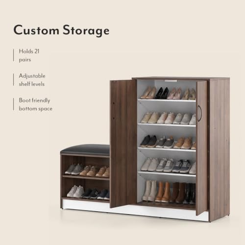 Image of Urban Ladder Alex 21 Pair Shoe Cabinet with Seating | Closed Shoe Rack with Doors | Classic Walnut Finish