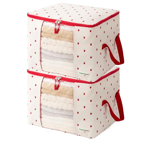 Chaos Cleared Canvas Storage Bags Designer Organizer 2 Pack – Seasonal Storage for Sweaters, Blankets, Linens & Garments – Foldable Design with Zip & Window, Moth-Proof Space Saver, Strawberry Print