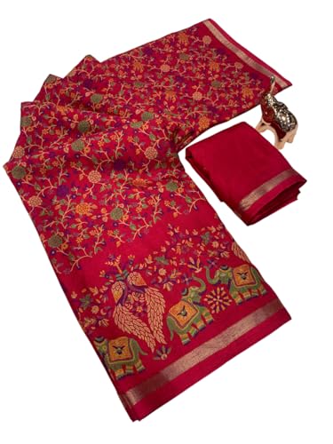 Image of Kalamkari Floral Prints Dola Silk Saree With Rich Zari Border Designer Pallu Attach Blouse Piece