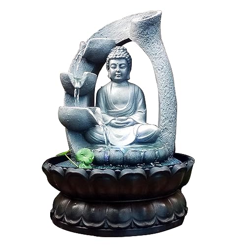 Uziqueif Fontaine de Statue de Bouddha en Résine avec Lotus, Fontaine d'eau de Table d'intérieur Humidificateur - Fengshui Décoration pour Bureau, Maison, Jardin et...