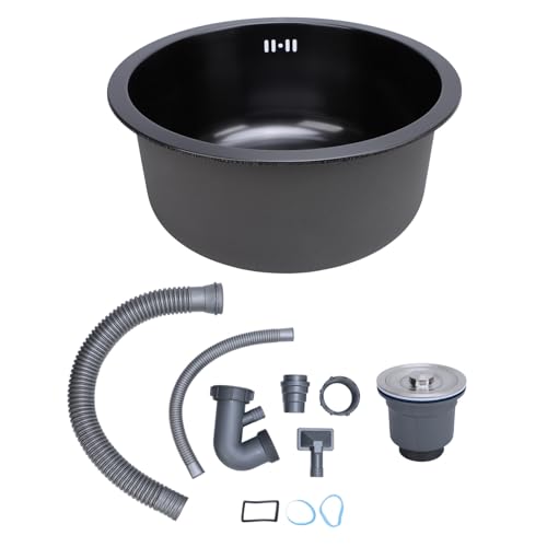 Fregadero de cocina redondo de acero inoxidable 304 con un solo bol, fregadero de bar para lavar verduras y frutas, fregadero redondo de acero inoxidable de 42 cm para montaje bajo (Nanonegro)