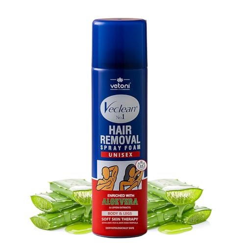 Image of Vetoni India Veclean Hair Removal Spray Foam, 200ml, for Men and Women, Enriched with Aloe Vera & Lemon, 3 Minute Formula, Painless for Chest, Back, Legs & Underarms