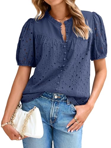 Glamaker Womens Summer Tops Blouse 2025 Casual Eyelet Embroidered Short Puff Sleeve Lace Hollow Out Button Dressy Shirts