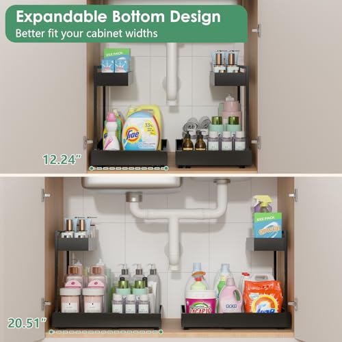 Image of REALINN Under Sink Organizer, L-Shaped Pull Out Cabinet Rack for Kitchen | Expandable Width, 6-Level Height, Quiet Sliding Rails, Heavy-Duty Alloy Steel Frame, Pipe Clearance Design for Tight Cabinets