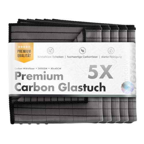 Chemicalworkz® Premium Carbontücher (5er Set) - Fenstertücher für kristallklare Autoscheiben ohne Streifen & Schlieren - Carbon Mikrofasertücher Auto Glastuch & Fensterputztücher - 360GSM, 40x40cm
