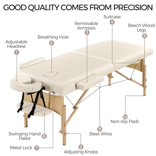 Yaheetech Massage Table Portable Lash Beds Spa Bed Massage Couch Foldable Spa Tables Adjustable 2 Fold with Non-Woven Bag 28 inch, Cream - Image 7