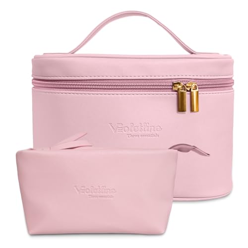 Travel Cosmetic Bag for Women, PU Leather Cosmetic Bag Set of 2, Waterproof, Large Makeup Bag with Handle (Light pink makeup bag)