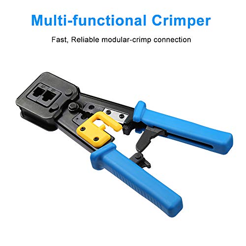 Hiija EZ RJ45 Crimp Tool Pass Through Cat5 Cat5e Cat6 Crimping Tool for RJ45/RJ12 Regular and End-Pass-Through Connectors with 50PCS Connectors, 50PCS Covers and Network Wire Stripper