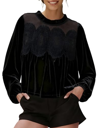 Gozoloma Women's Long Sleeve Velvet Trim Lace Blouse Elegant Flared