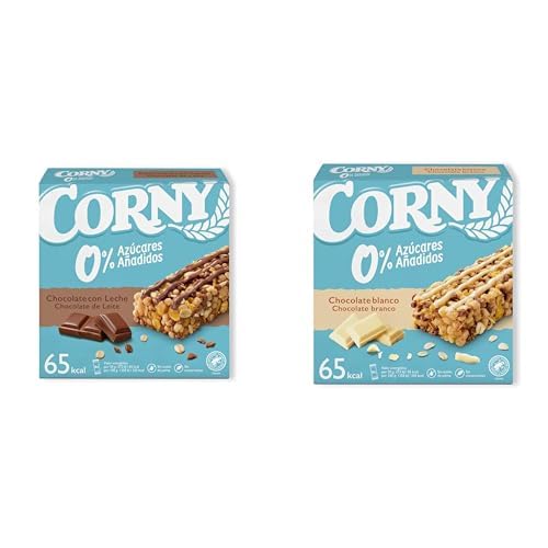 Corny Barritas de Cereales 0% Azúcares Añadidos de Chocolate con Leche- Pack de 6x20gr + Corny Barritas de Cereales 0% Azúcares Añadidos de Chocolate Blanco- Pack de 6x20gr