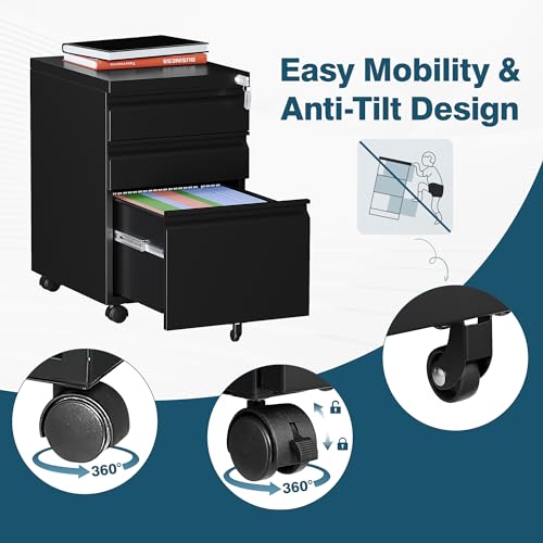 Image of MIIIKO 3 Drawer File Cabinet on Wheels, Home Office Mobile File Cabinet Under Desk, Full Assembled Metal Filing Cabinets with Lock for Legal /Letter /A4 File Folders