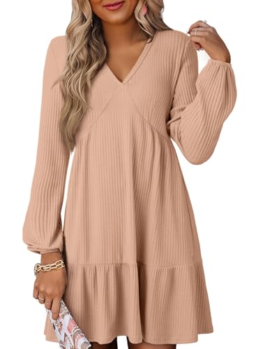 Image of Dokotoo Womens Dresses Long Sleeve V Neck Lightweight Ribbed Knit Empire Waist Casual A Line Swing Mini Dress