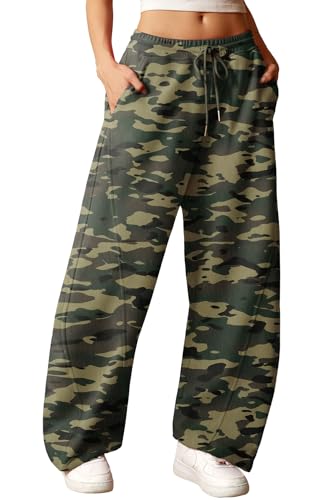 ELLEVEN Wide Leg Baggy Sweatpants Women Y2K Sweat Track Pants Drawstring High Elastic Waist Pockets Tall Long Oversized Open Cinch Bottom Athletic Joggers Workout Gym Yoga Camo Medium