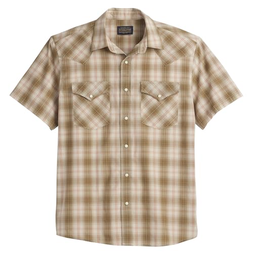 Pendleton Mens Short Sleeve Frontier Shirt Comfortable Cotton Polyester Snap Closure Washable - Tan/Red Plaid