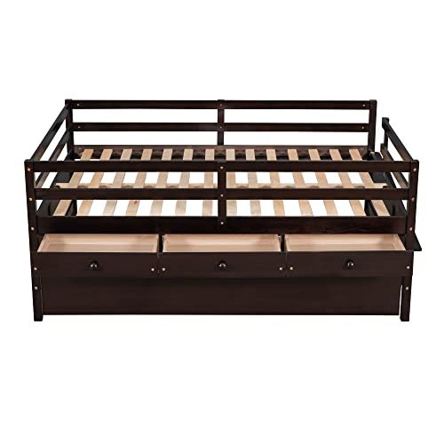 Full Size Captain Bed With Fence Railings, Wood Beds With Trundle And Storage Drawers Low Loft Bed Frame With Slats Support & Ladder For Kids Boys Girls Teens, Espresso #TOP6
