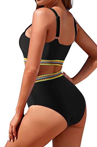 Image of Womens High Waisted Bikini Sets Sporty Crop Top Color Block Swimwear Bandeau Scoop Neck Vintage Two Piece Bathing Suits