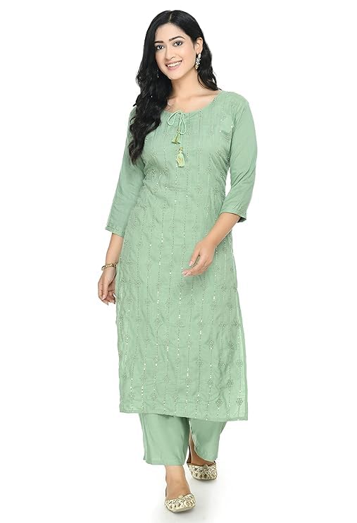 Mauravi Fashion Women's Green Embroidered Straight Kurta with Palazzo Set and - Indian Ethnic Wear for Women-picture-37