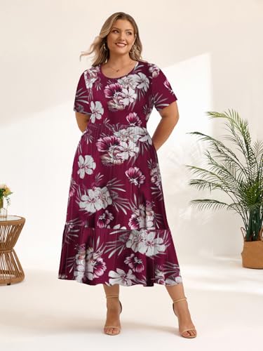 Image of LARACE Plus Size Dresses for Women Summer Casual Short Sleeve Long Dress Flowy Maxi Beach Dresses with Pockets L-6XL