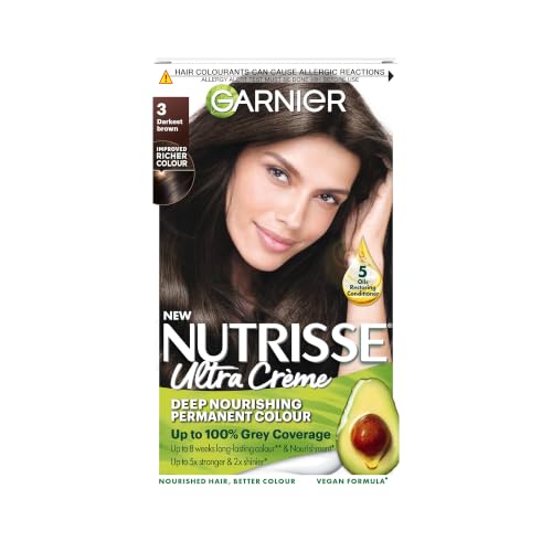 Garnier Nutrisse Ultra Crème Hair Dye Brown Hair Colour Ensures 100% Grey Coverage and Intense Rich 8-Week Colour No-Ammonia Vegan Formula Beautiful Dark Color Shade: 3 Darkest Brown