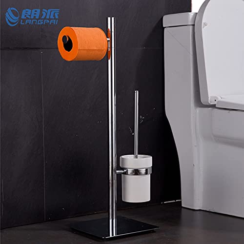 Image of Freestanding Toilet Brush and Paper Holder Set Superior Hotel Luxury Style Join Roll Paper and Toilet Brush Non-Skid Sturdy Floor Stand Brass Chrome with White Ceramic Cup
