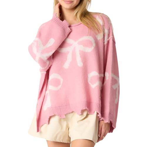 Image of Women Cute Bow Knit Sweater Y2k Long Sleeve Crew Neck Knitted Pullover Top Oversized Going Out Fall Winter Knitwear