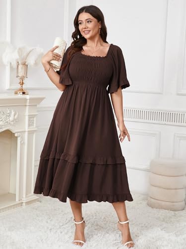 Image of SCOMCHIC Women's Plus Size Maxi Dresses Summer Short Sleeve Square Neck Smocked Wedding Guest Cocktail Boho Long Dress