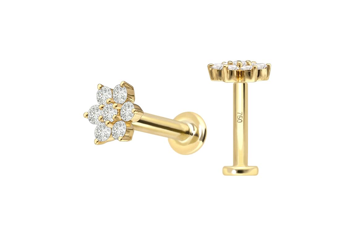 PIERCINGLINE Piercing Stecker 18 Gold Labret mit Innengewinde DIAMANT-BLUME 750er Gold - Goldfarben