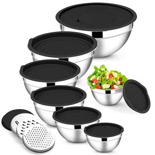 E-far Mixing Bowls with Lids Set, 7-Piece Stainless Steel Metal Mixing Bowls with 3 Grater Attachments, Size 4.6, 3.5, 2.6, 2, 1.5, 1, 0.7QT, Nesting Design & Black Airtight Lids, For Baking/Cooking
