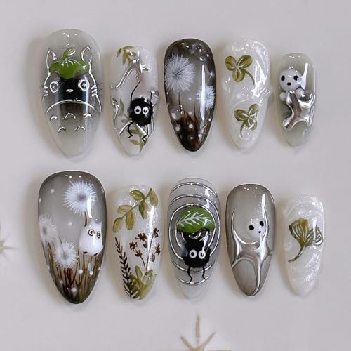 24Pcs Fall Press on Nails Medium Almond Y2k Fake Nails Cute Ghost Dandelion Leaves with Chrome Designs Full Cover Halloween Glue on Nails Dark Black False Nails for Women Acrylic Autumn Nail Art