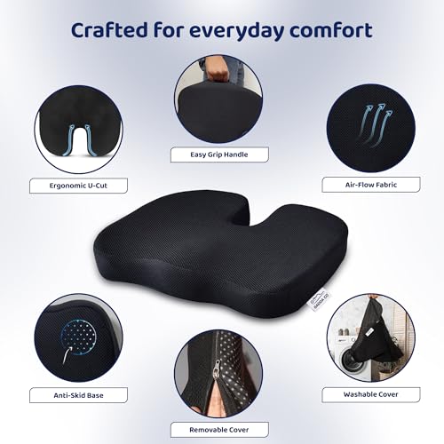 Image of GADDA CO Orthopedic Coccyx Seat Cushion for Tailbone Pain Relief | Memory Foam Ergonomic Cushion for Sciatica & Back Pain | Office & Home Chairs | Supports Upto 120 Kg | Mesh Black | 2-Year Warranty