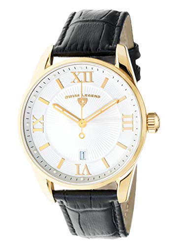 Swiss Legend Belleza 22012-YG-02-BLK Montre analogique à quartz pour homme Cadran blanc et boîtier en acier inoxydable doré avec bracelet en cuir noir