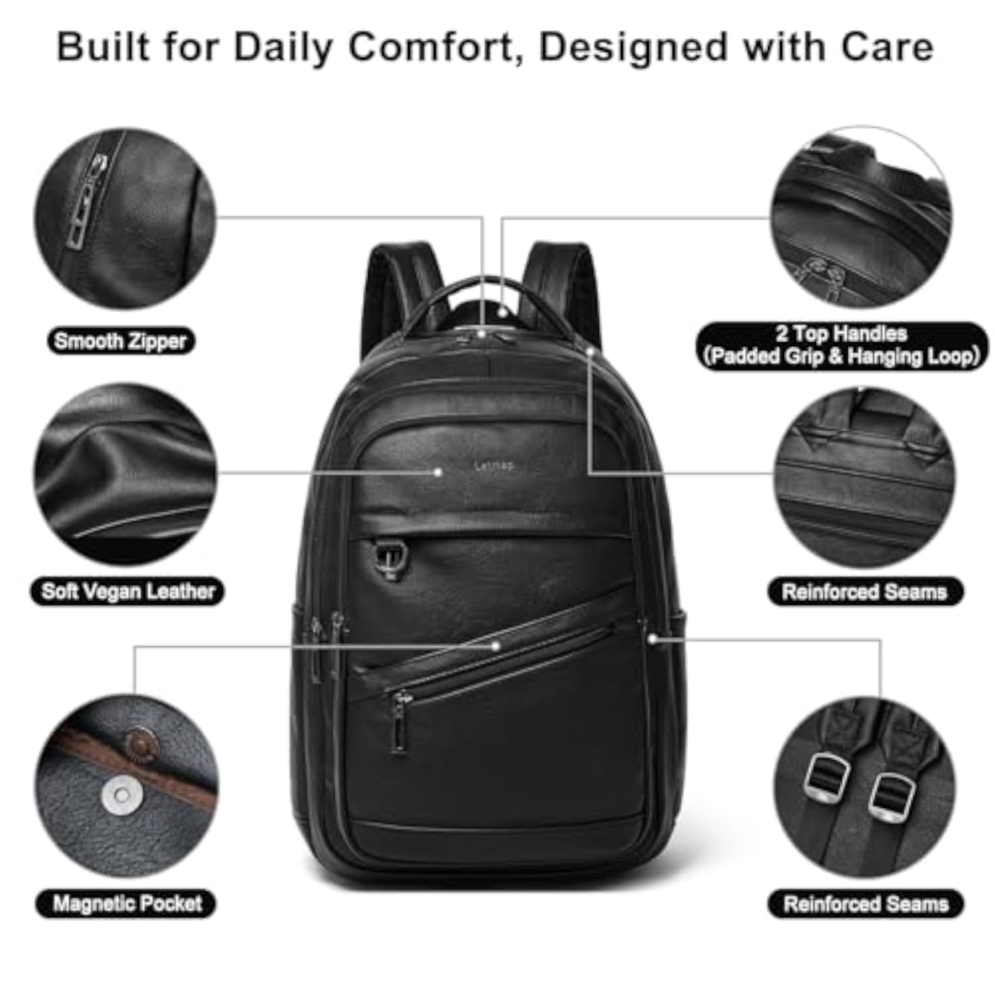 43L Vegan Leather Backpack for Women, Fits 17" Laptop