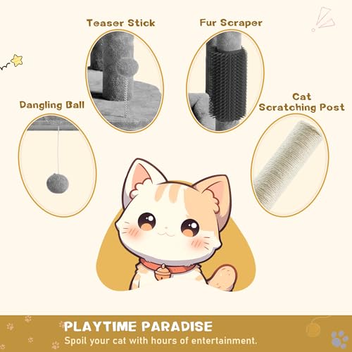Image of Large Multi-Level Cat Tree, 66 Inches Tall Cat Tower with Scratching Posts, Condo, Hammock, Dangling Ball, and Extended Platform for Cats to Play and Sleep,Grey Cat Bed