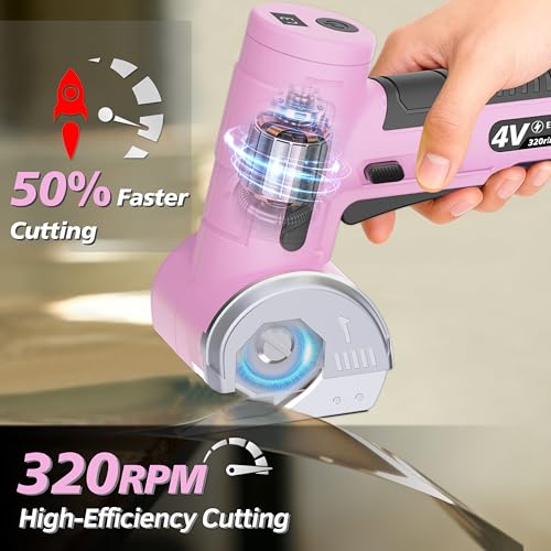 Image of Upgraded Cordless Electric Scissors, Wider Opening with Large 1.84 inchTungsten Blade, 1 /3 inch Max Cutting & LED Display, 320RPM, Heavy-Duty Rotary Cutter for Cardboard, Fabric, Leather & DIY - Pink